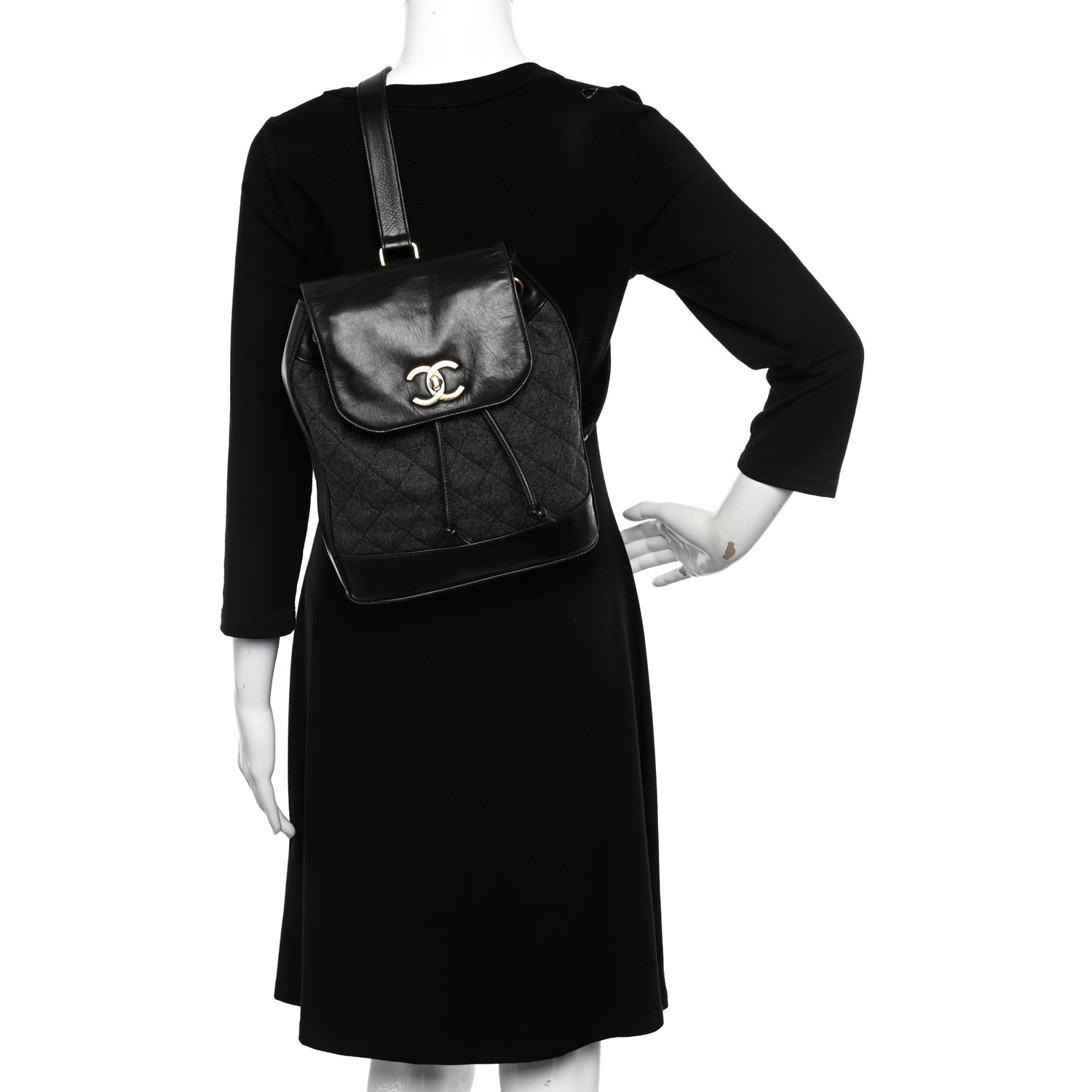 Chanel Lambskin Wool Quilted Drawstring Sling Backpack Black Grey 2 of 10