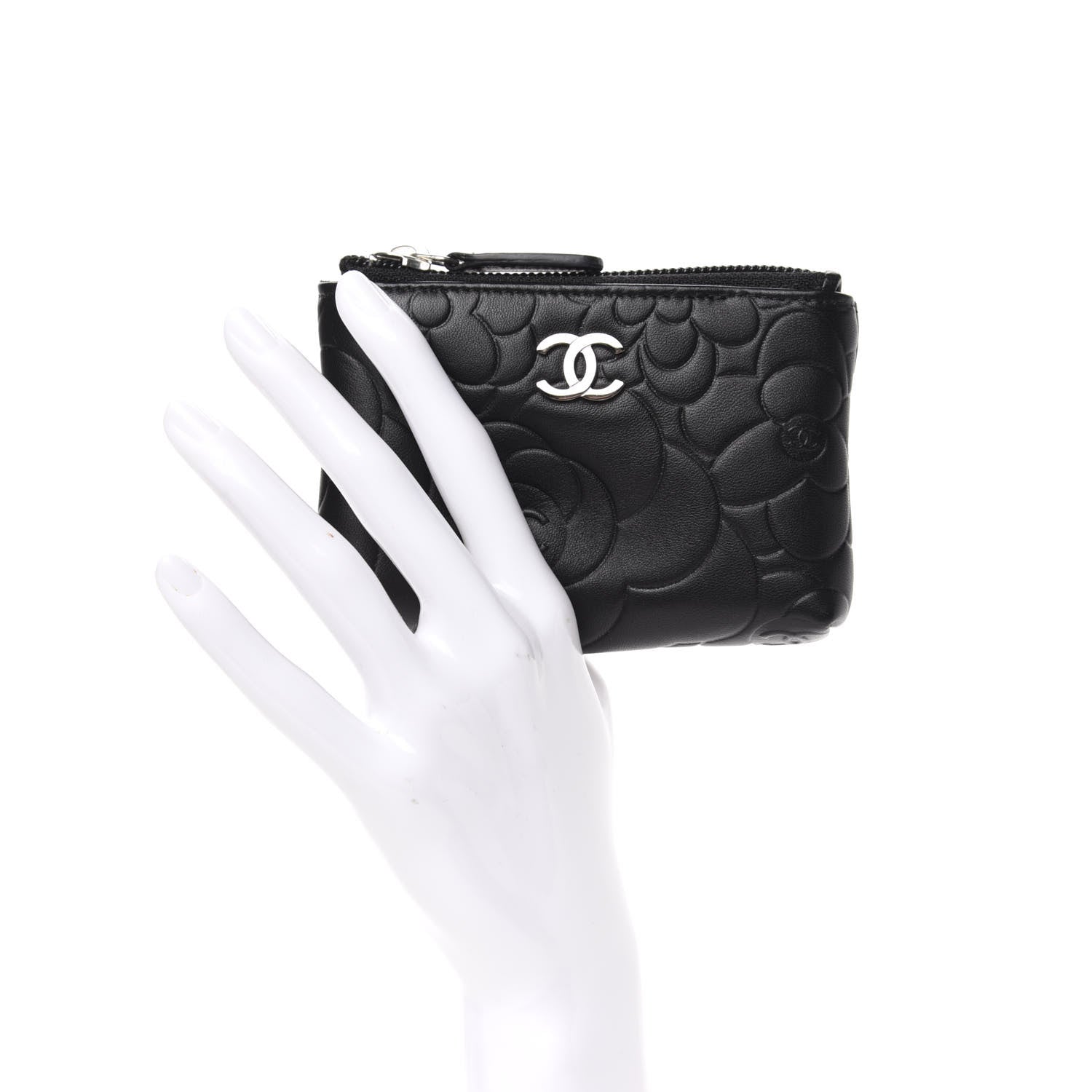 Chanel Lambskin Camellia Embossed Key Holder Case Black 2 of 8