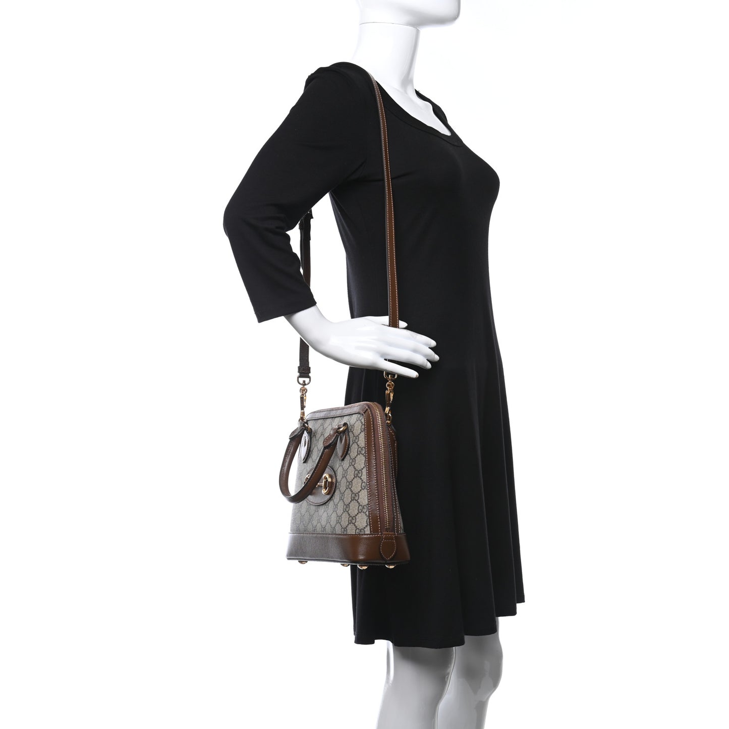 GG Supreme Monogram Azalea Calfskin Small Horsebit 1955 Top Handle Bag Beige Ebony Brown Sugar