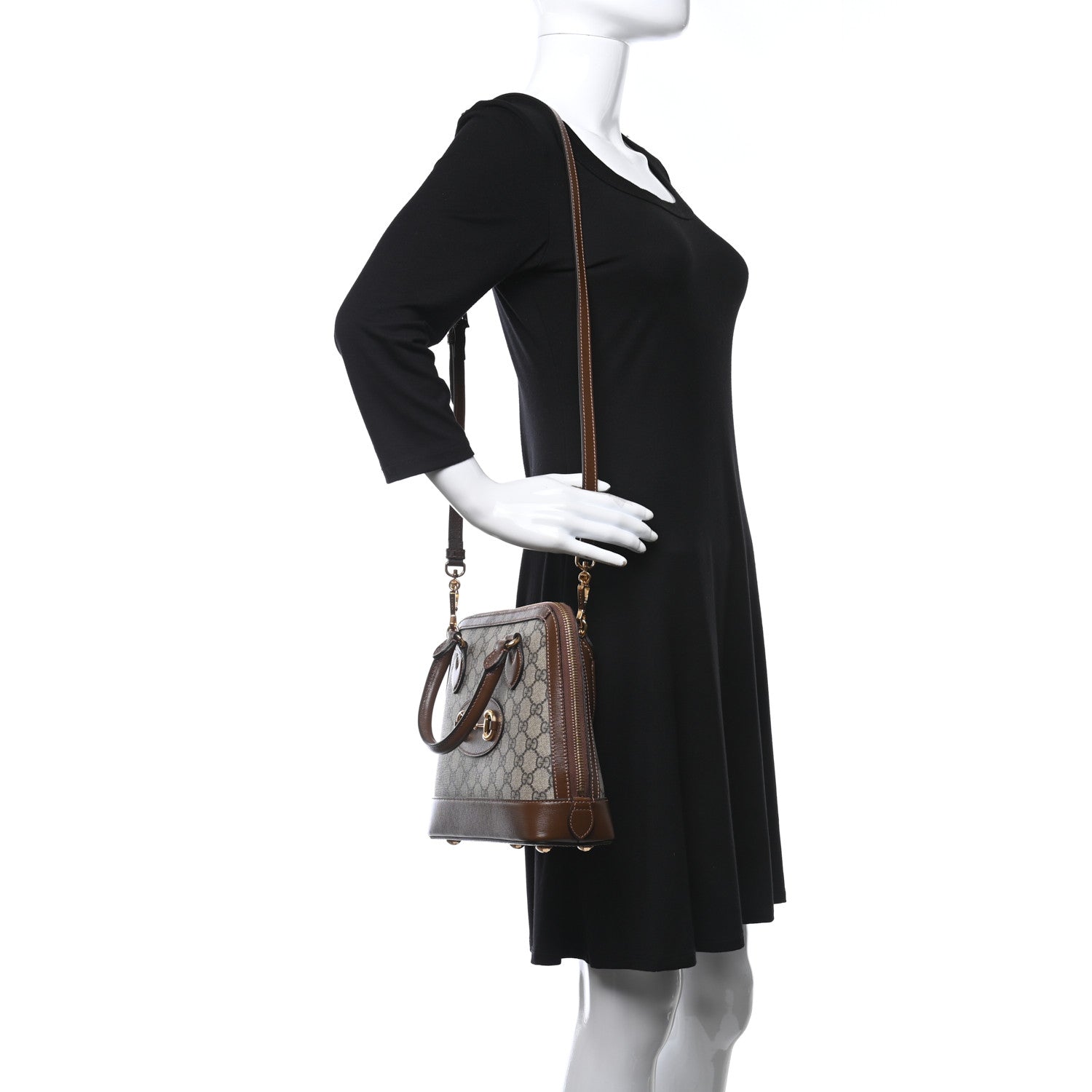 Gucci GG Supreme Monogram Azalea Calfskin Small Horsebit 1955 Top Handle Bag Beige Ebony Brown Sugar 2 of 12