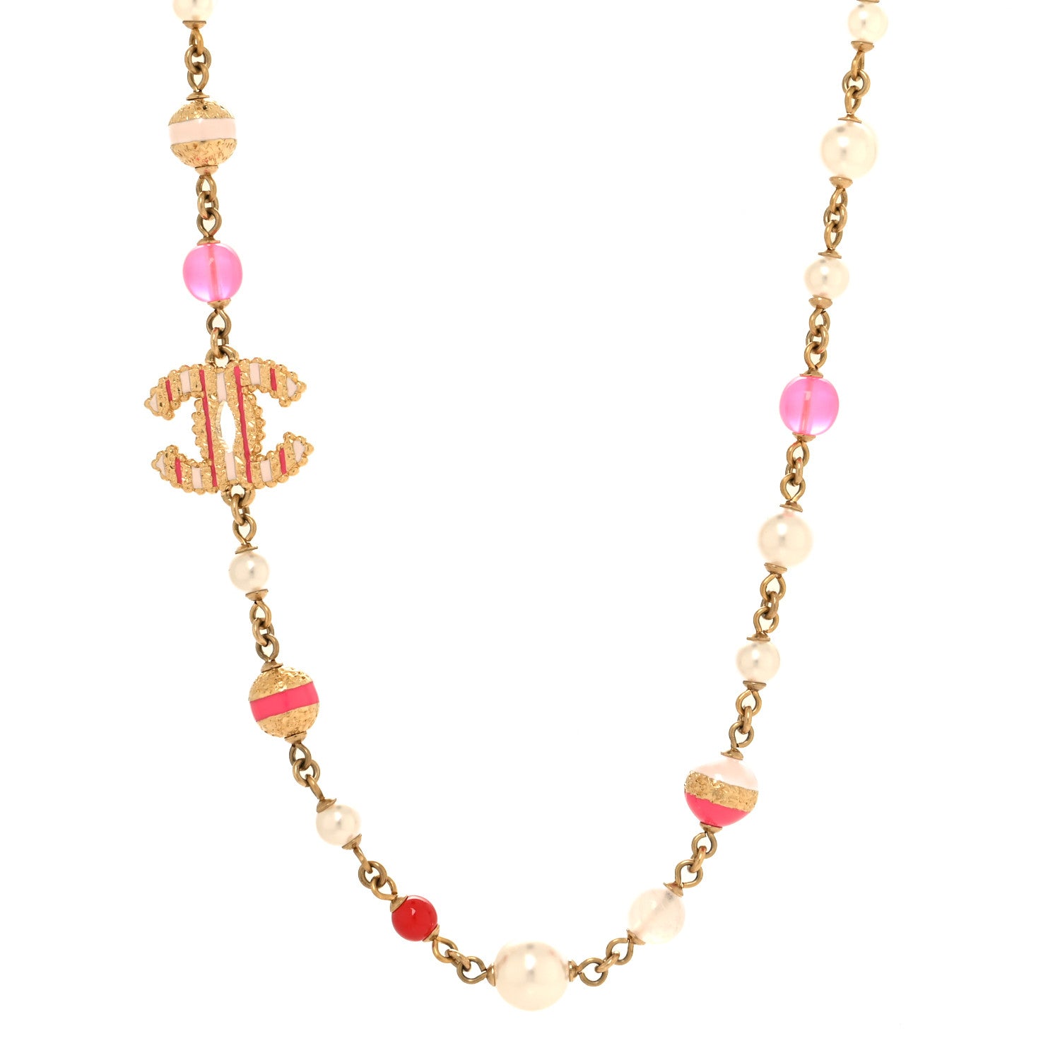 Chanel Enamel CC Textured Pearl Bead Choker Necklace Gold Pink White 1 of 4