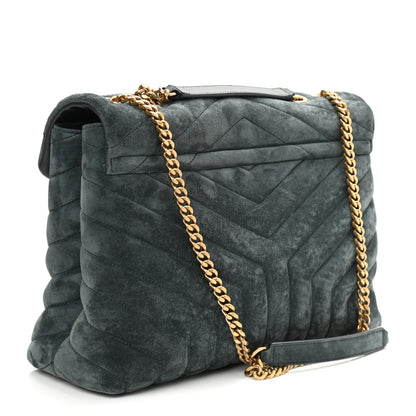Saint Laurent Suede Y Quilted Monogram Medium Loulou Chain Satchel Deep Green 3 of 11
