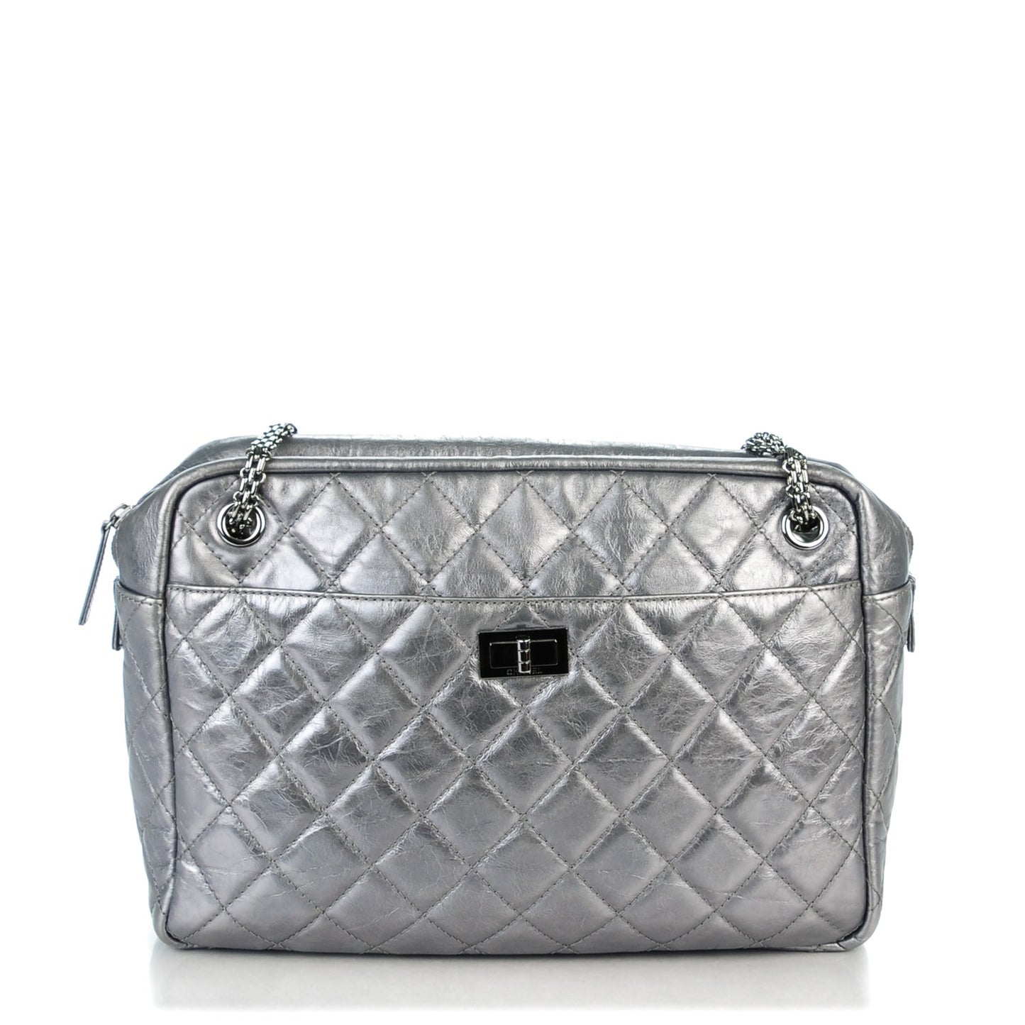 Metallic Aged Calfskin Quilted Large Reissue Camera Case Silver