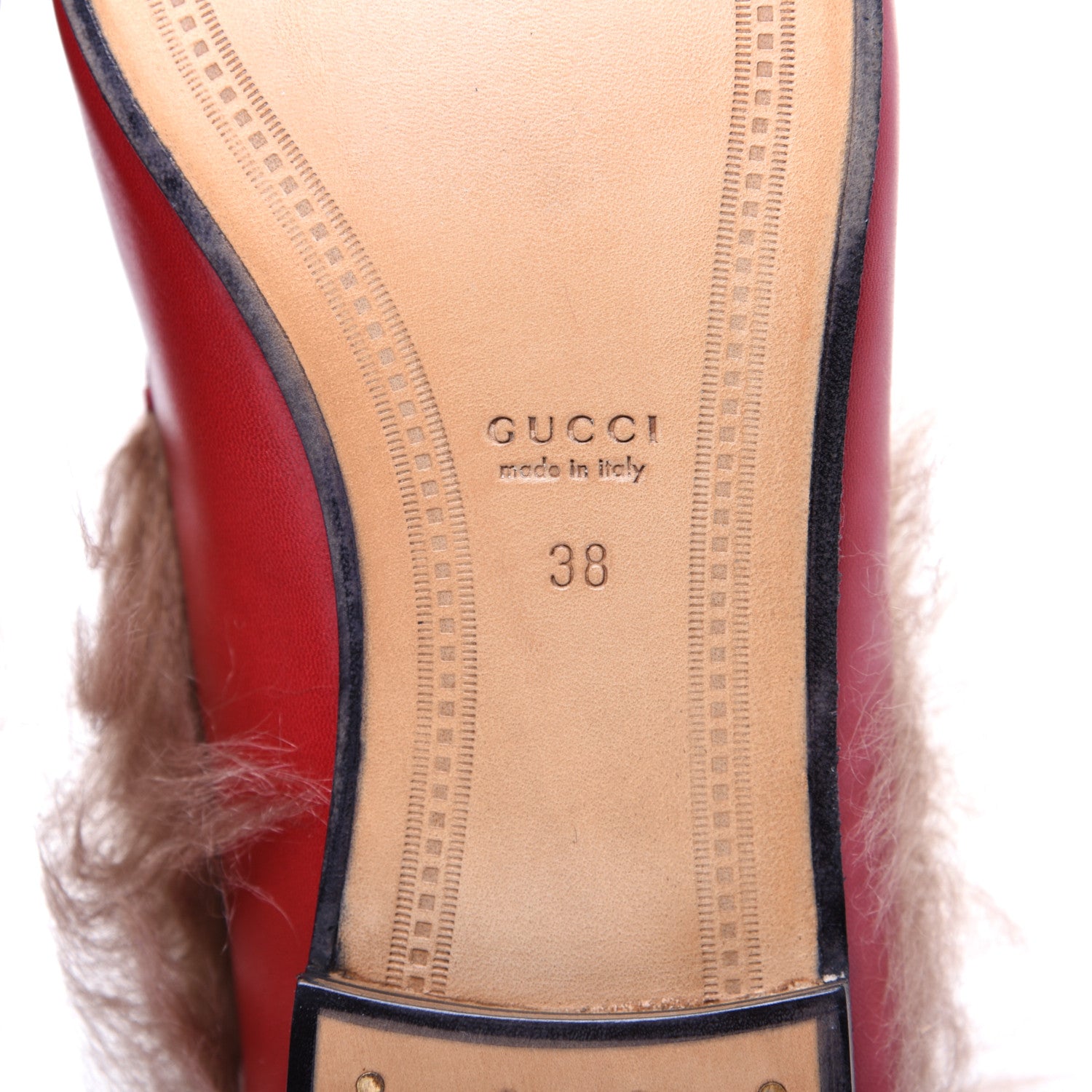 Gucci Malaga Kid Fur Womens Jordaan Loafers 38 Hibiscus Red Natural 9 of 11