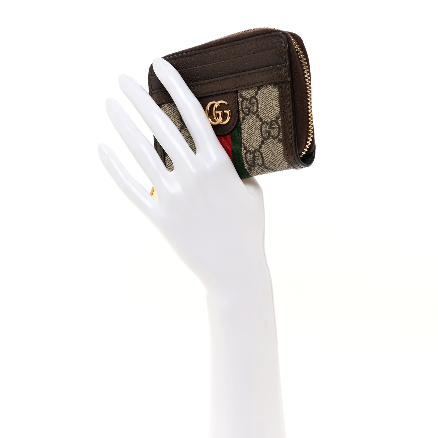 GG Supreme Monogram Textured Dollar Calfskin Web Ophidia Zip Around Card Case Wallet Beige Ebony New Acero