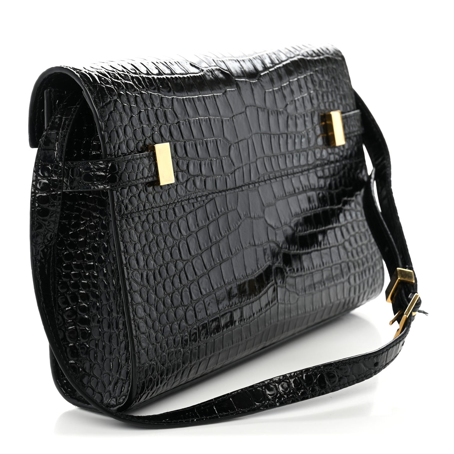 Shiny Calfskin Crocodile Embossed Small Manhattan Baguette Black
