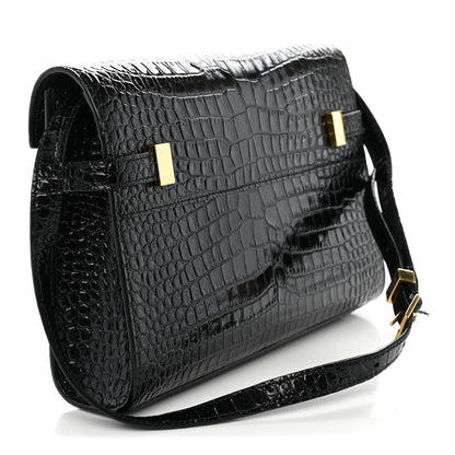 Saint Laurent Shiny Calfskin Crocodile Embossed Small Manhattan Baguette Black 3 of 11