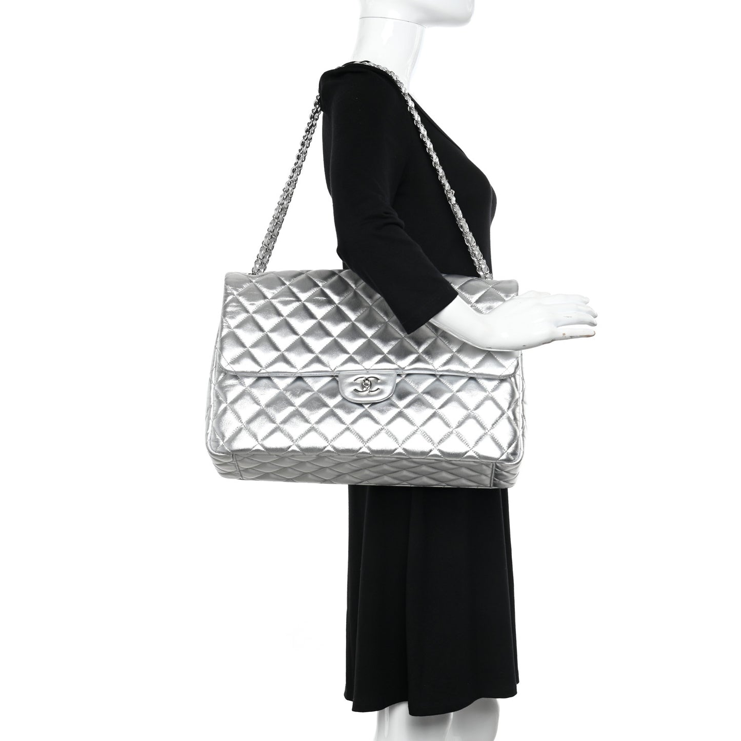 Metallic Lambskin Quilted XXL Travel Flap Bag Silver