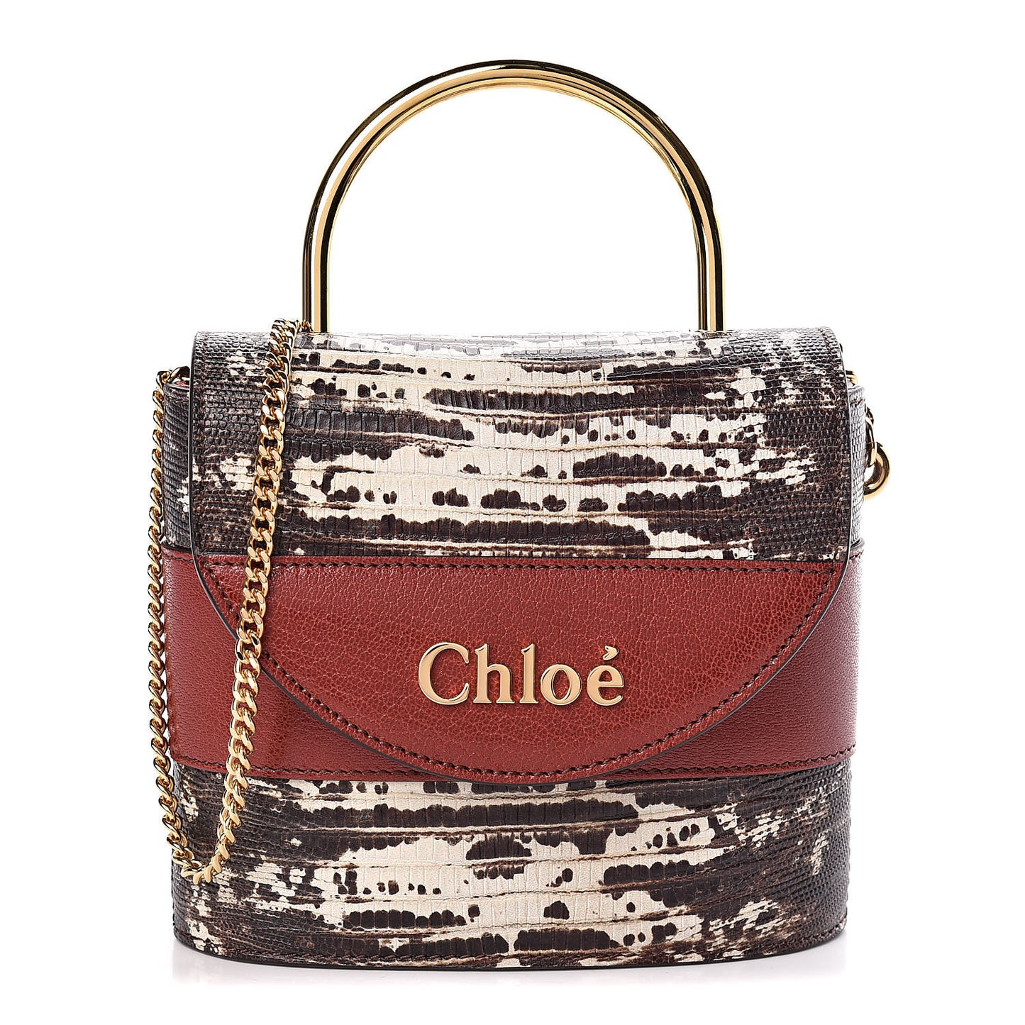 Calfskin Lizard Embossed Small Aby Lock Sepia Brown