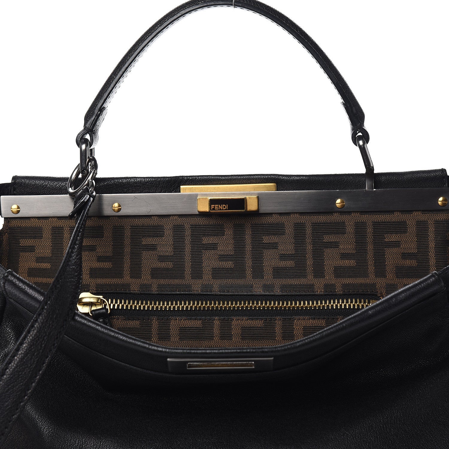 Fendi Goatskin Zucca Large Peekaboo Iconic Satchel Black Tobacco 9 of 14