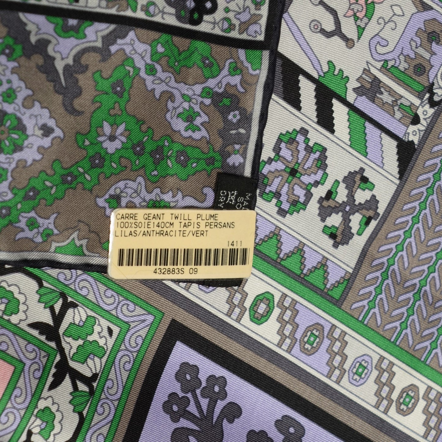 Silk Twill Tapis Persans Giant Plume Scarf 140 Lilac Anthracite Vert