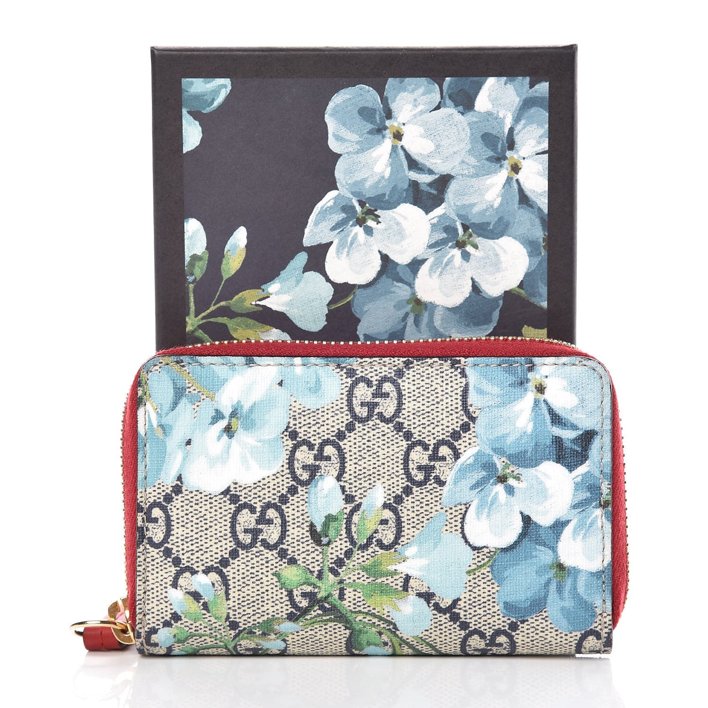 GG Supreme Monogram Blooms Zip Around Card Case Wallet Beige Blue Navy Hibiscus Red