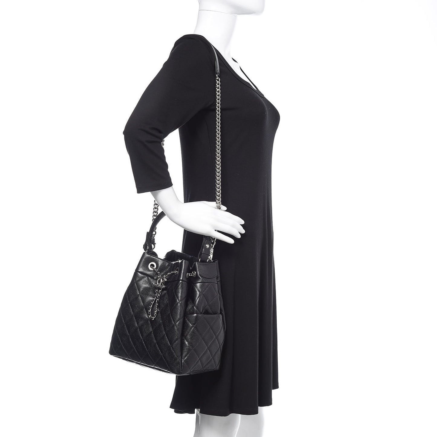 Grained Calfskin Quilted Medium CC Chain Bucket Drawstring Bag Black