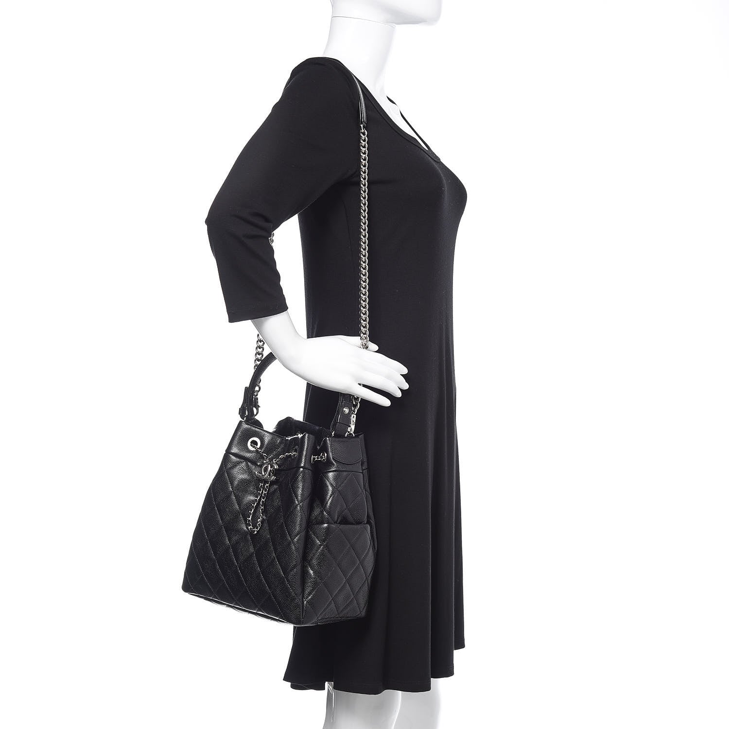 Chanel Grained Calfskin Quilted Medium CC Chain Bucket Drawstring Bag Black 2 of 10