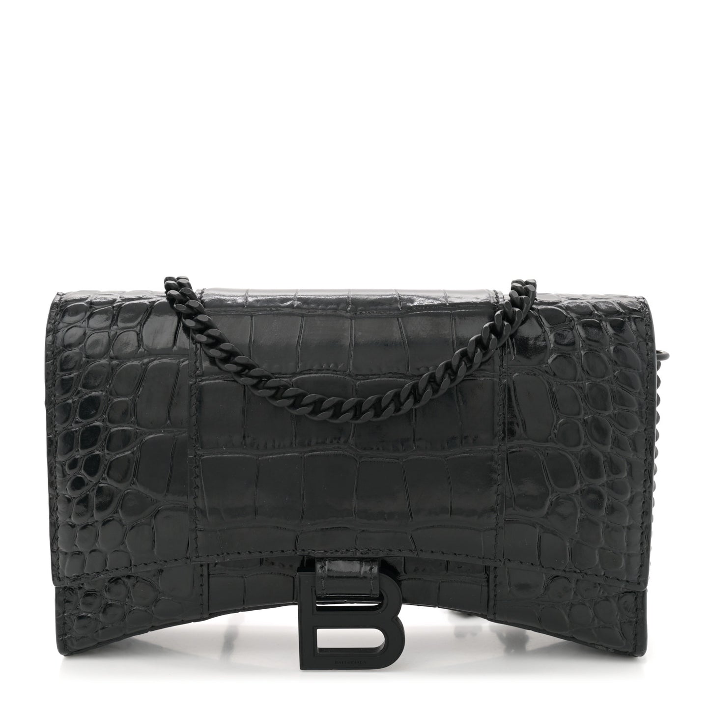 Shiny Calfskin Monochrome Crocodile Embossed Hourglass Chain Bag Black