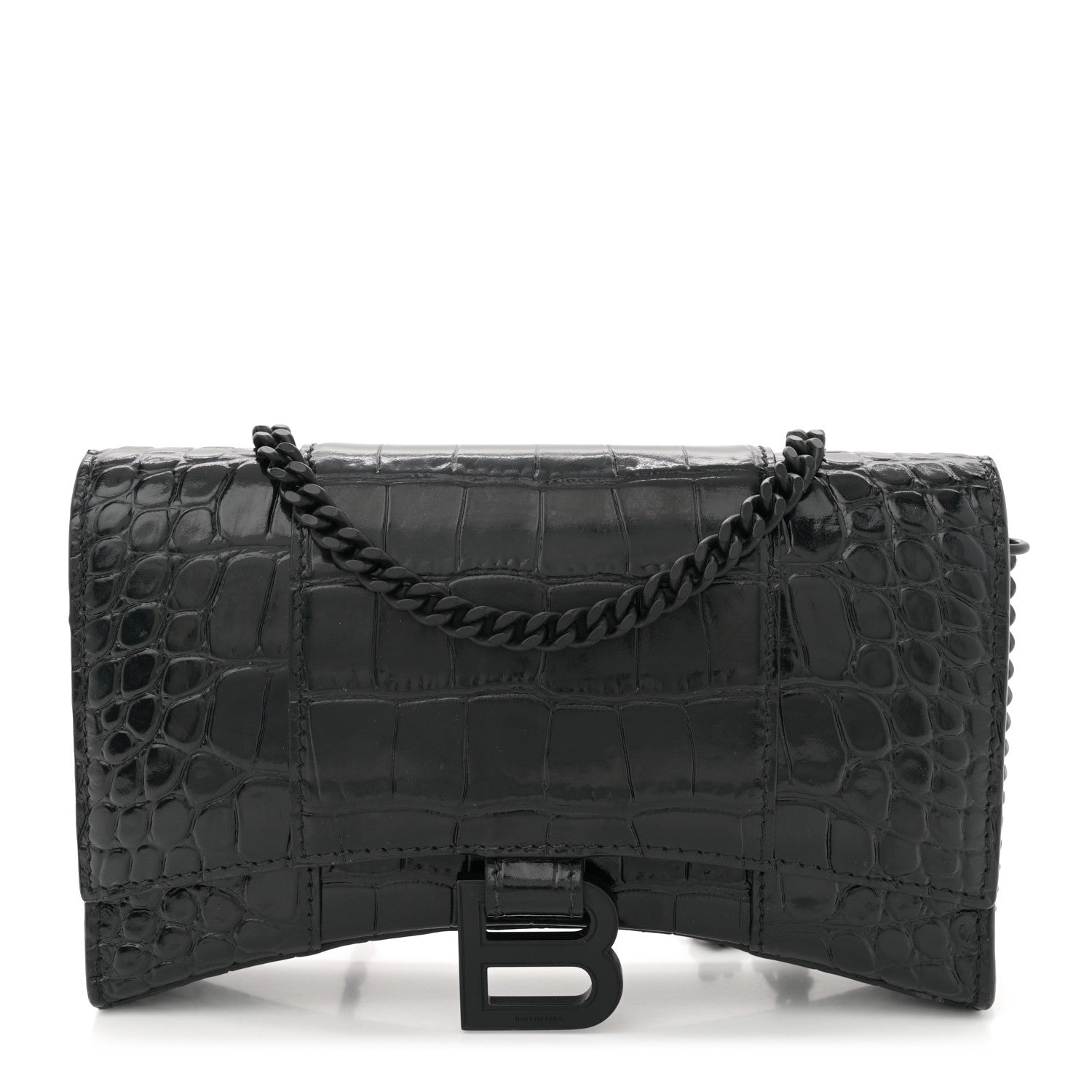Balenciaga Shiny Calfskin Monochrome Crocodile Embossed Hourglass Chain Bag Black 1 of 9