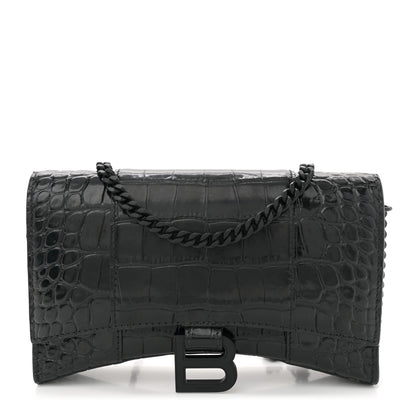 Balenciaga Shiny Calfskin Monochrome Crocodile Embossed Hourglass Chain Bag Black 1 of 9