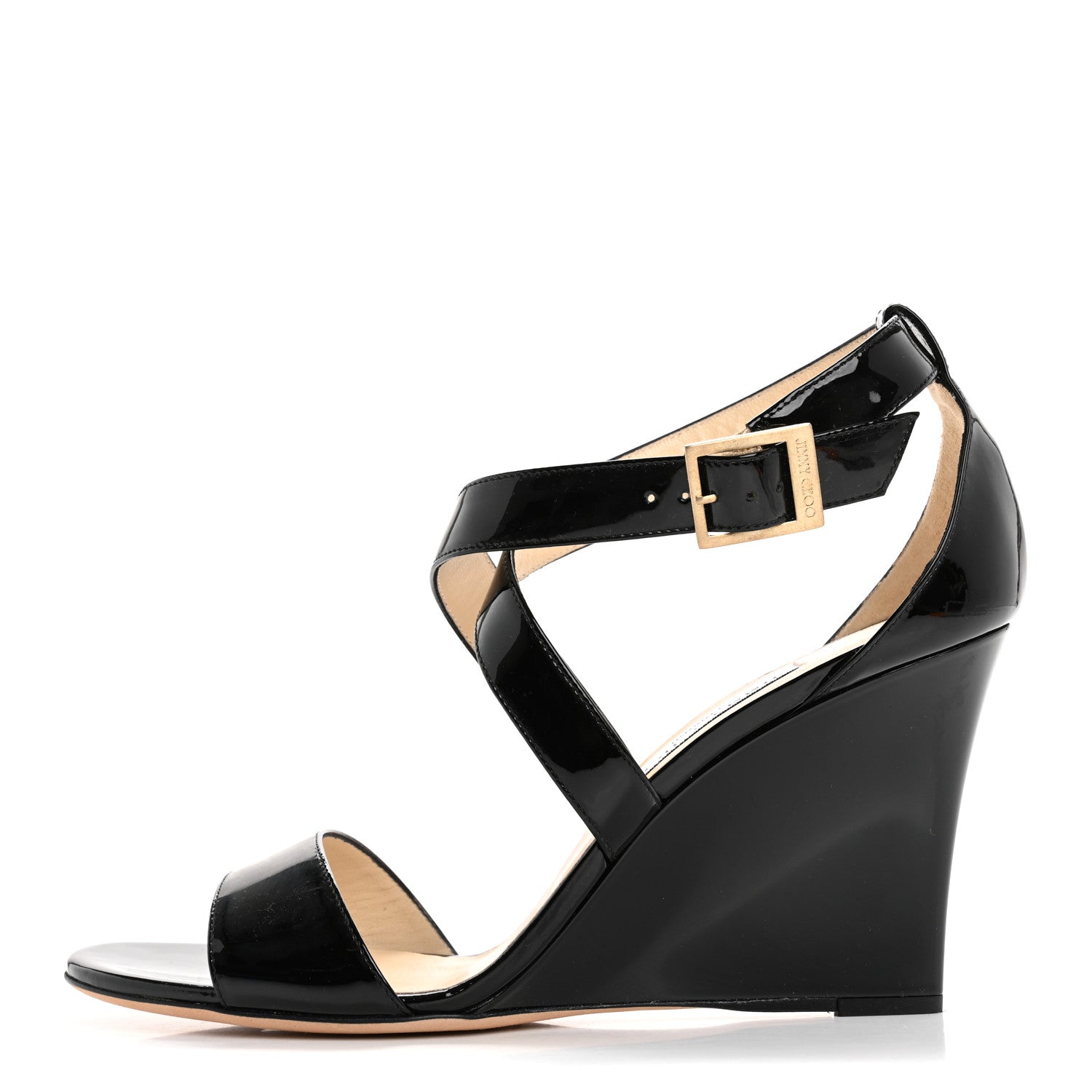 Jimmy Choo Patent Calfskin Fearne Wedge Sandals 40 Black 1 of 7