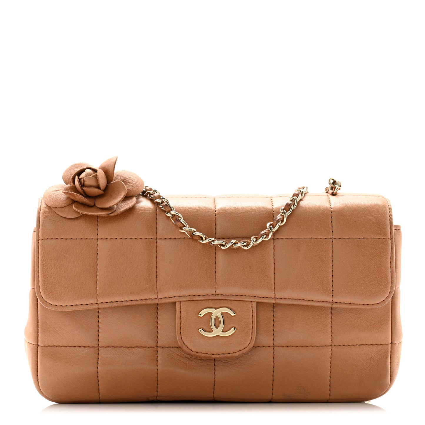 Lambskin Quilted Mini Chocolate Bar Camellia Flap Brown