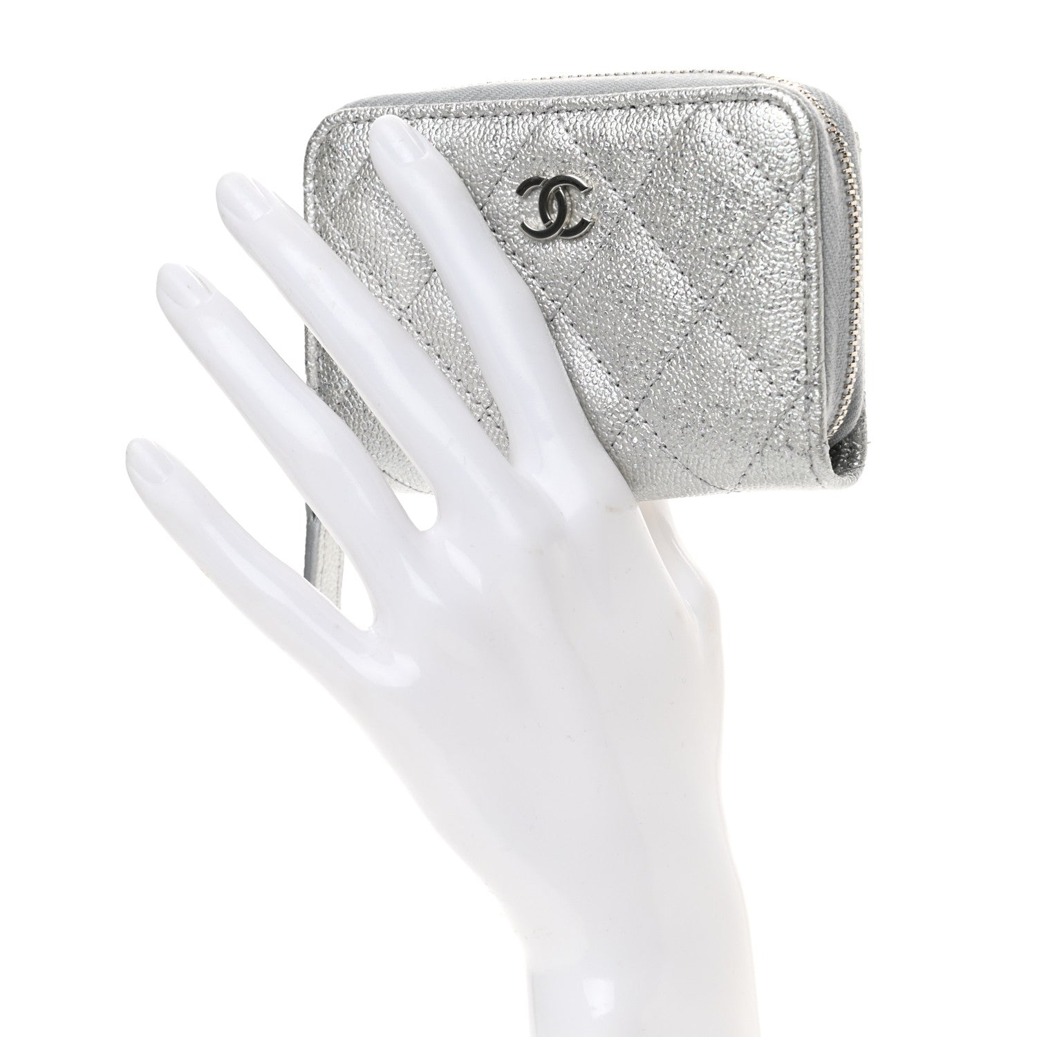 Chanel Glittered Metallic Caviar Quilted Zip Coin Purse Wallet Silver 2 of 9