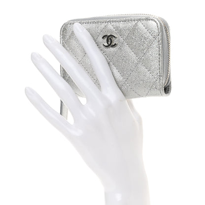 Chanel Glittered Metallic Caviar Quilted Zip Coin Purse Wallet Silver 2 of 9
