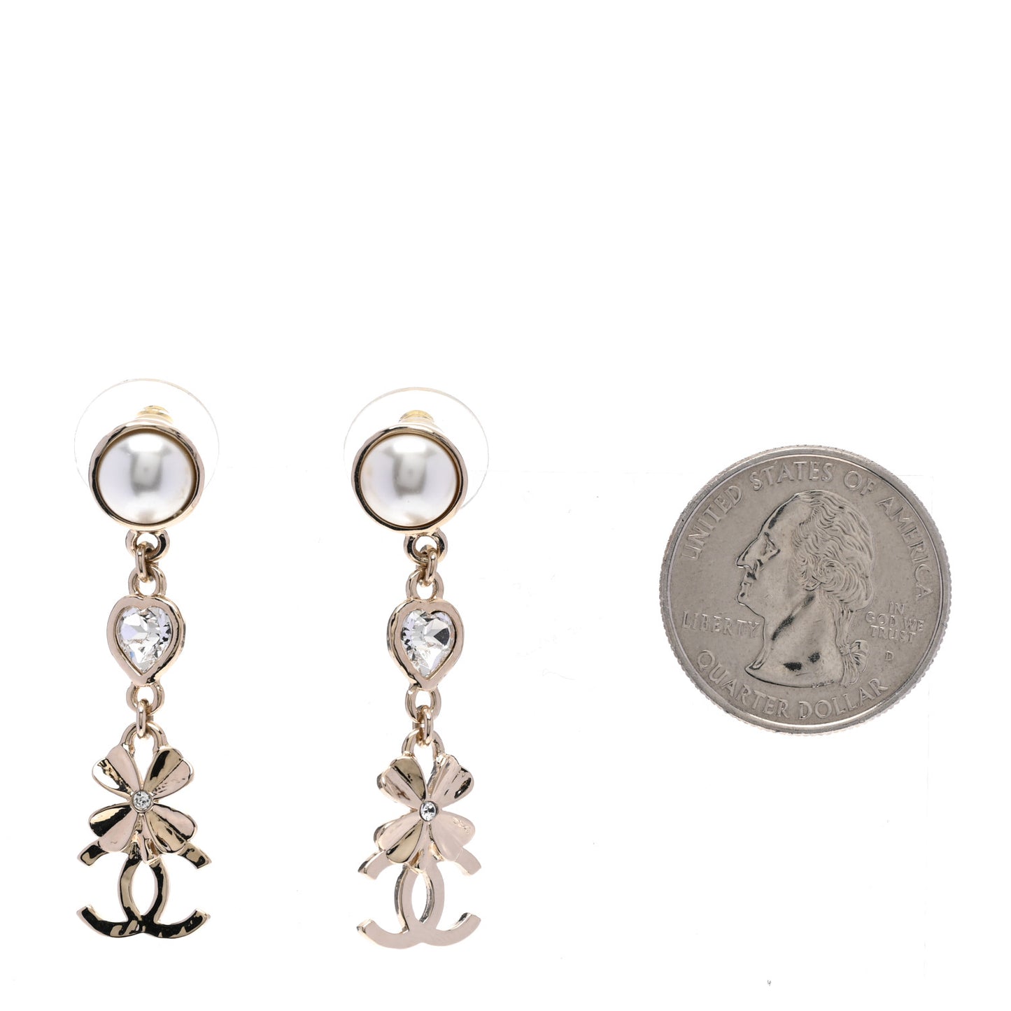 Crystal Pearl Shamrock CC Heart Drop Earrings Gold