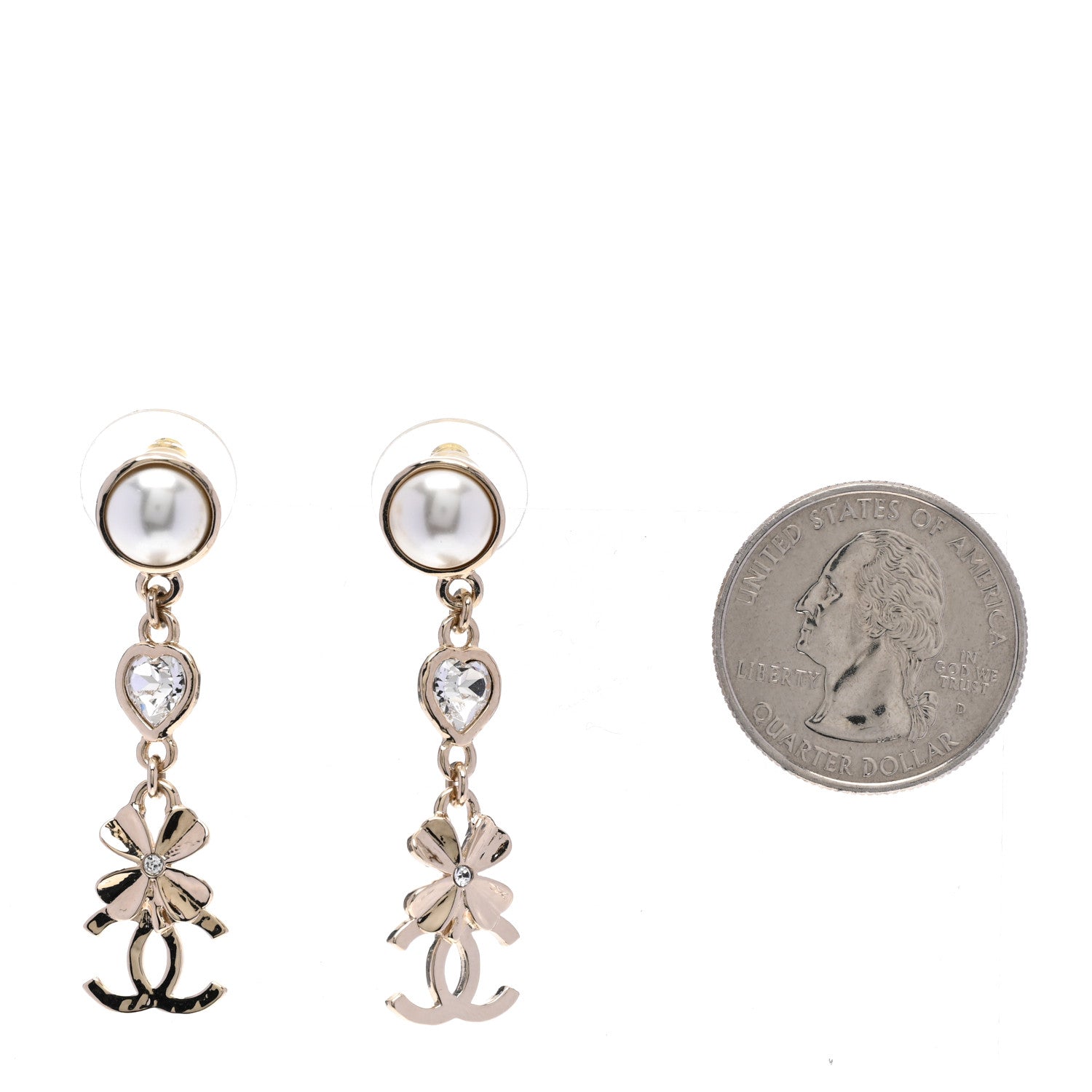 Chanel Crystal Pearl Shamrock CC Heart Drop Earrings Gold 2 of 5