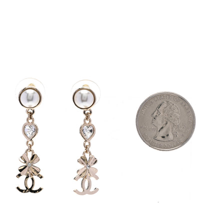 Chanel Crystal Pearl Shamrock CC Heart Drop Earrings Gold 2 of 5