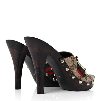Gucci Monogram Natural Pigskin Web Icon Bit Platform Clog High Heel Slide Sandals 9 Beige Ebony Cocoa 4 of 9