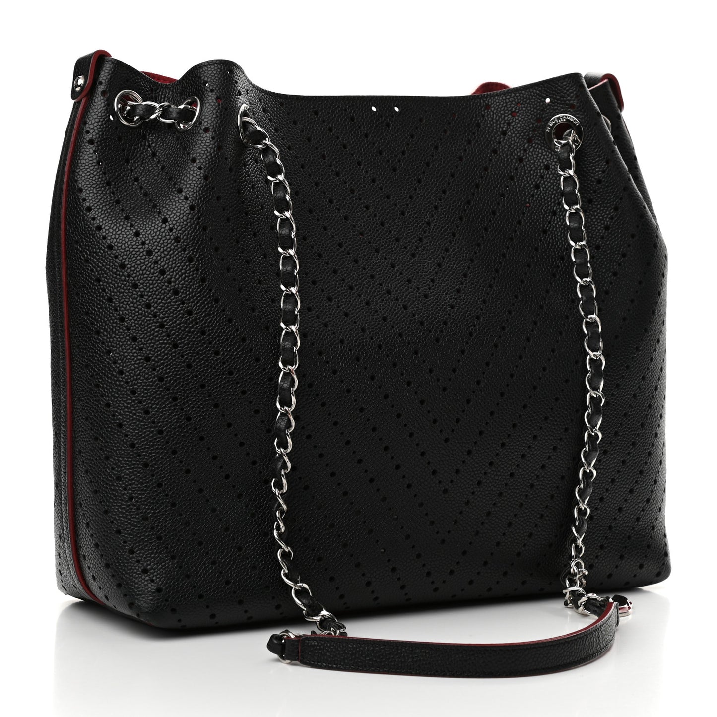 Perforated Caviar Drawstring Bucket Bag Black