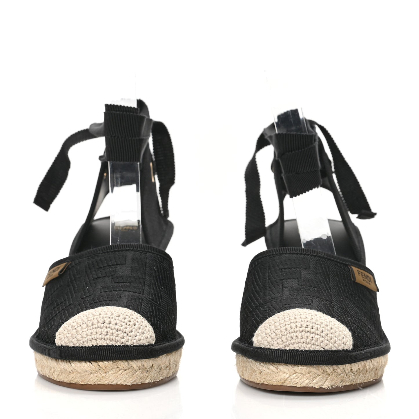 Canvas FF Embroidered Roma Ankle Wrap Espadrille Wedges 38 Black