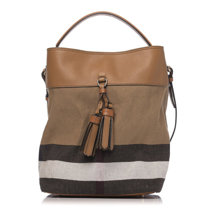 Burberry Grainy Calfskin Canvas Mega Check Medium Ashby Tassel Hobo Saddle Brown 1 of 11
