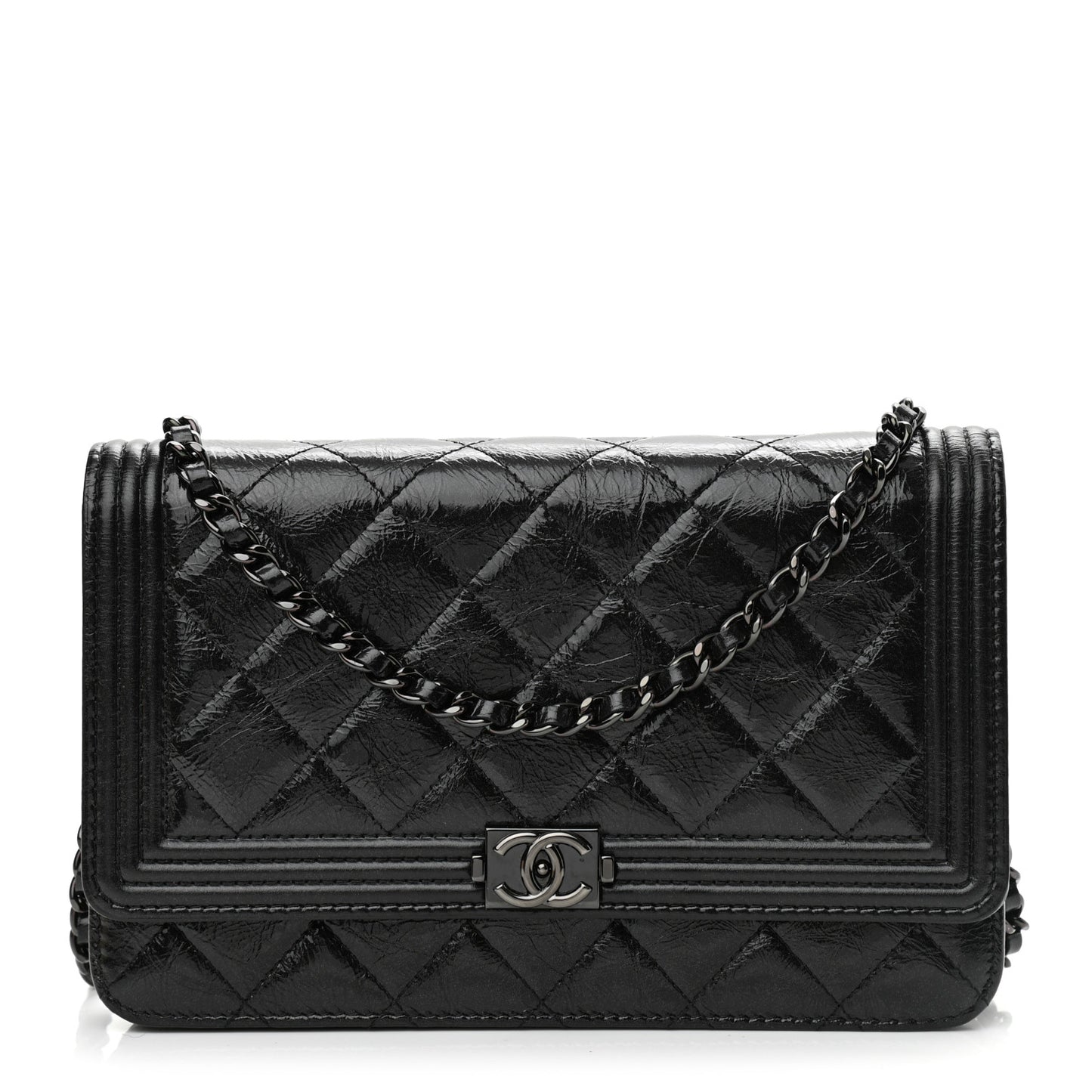 Shiny Aged Calfskin Quilted Boy Wallet On Chain WOC So Black