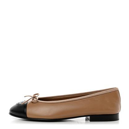 Chanel Lambskin Cap Toe CC Ballerina Flats 36 Dark Beige Black 1 of 9