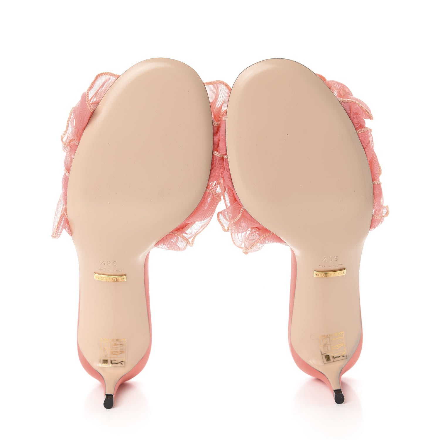 Gucci Tulle Ruffle Low Heel Slide Sandals 38.5 Peach Mystic White 6 of 10
