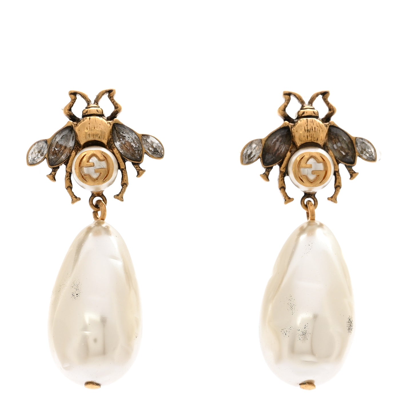 Crystal Pearl Drop Bee Earrings Gold