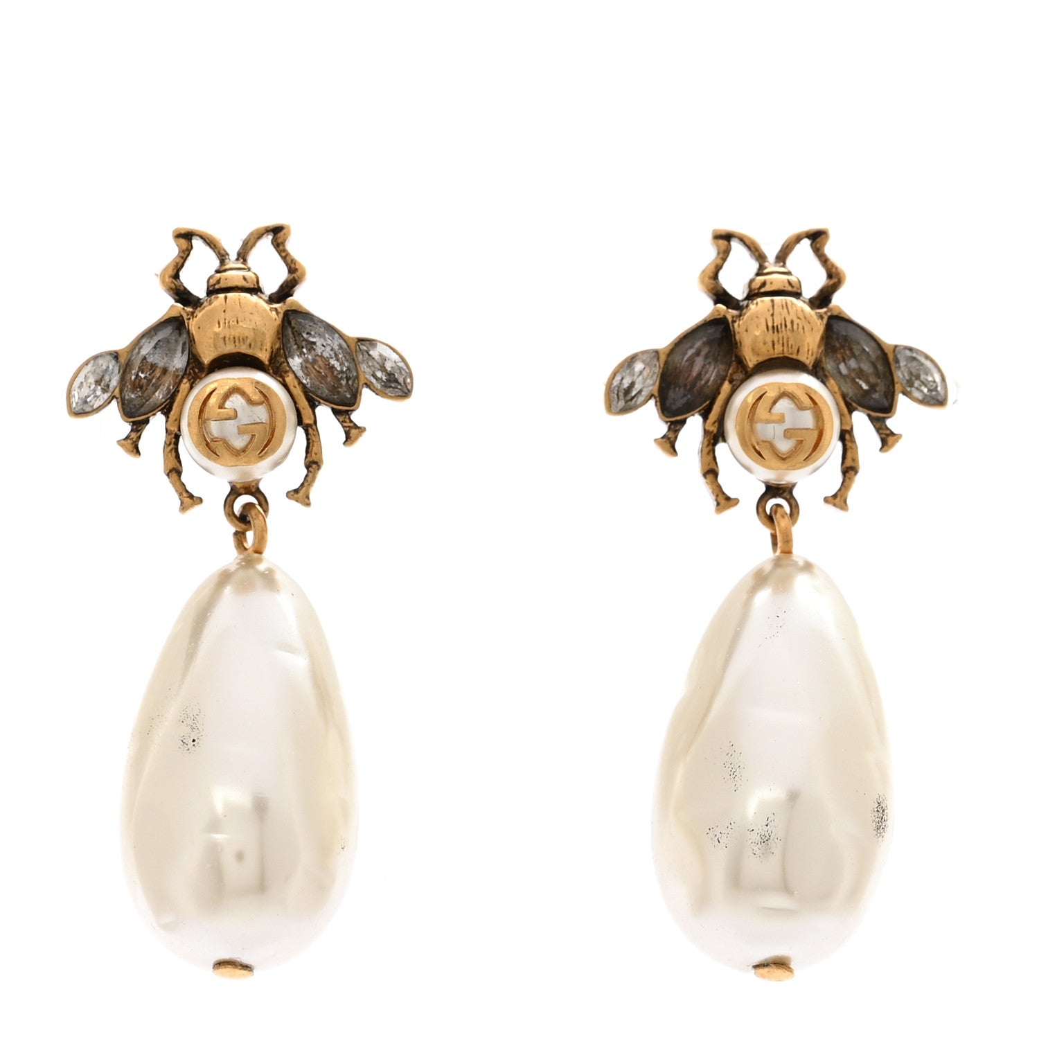 Gucci Crystal Pearl Drop Bee Earrings Gold 1 of 6