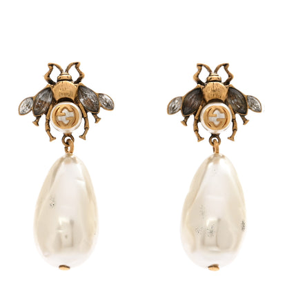 Gucci Crystal Pearl Drop Bee Earrings Gold 1 of 6