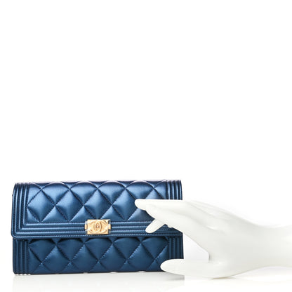 Chanel Metallic Lambskin Quilted Large Boy Gusset Flap Wallet Blue 2 of 19
