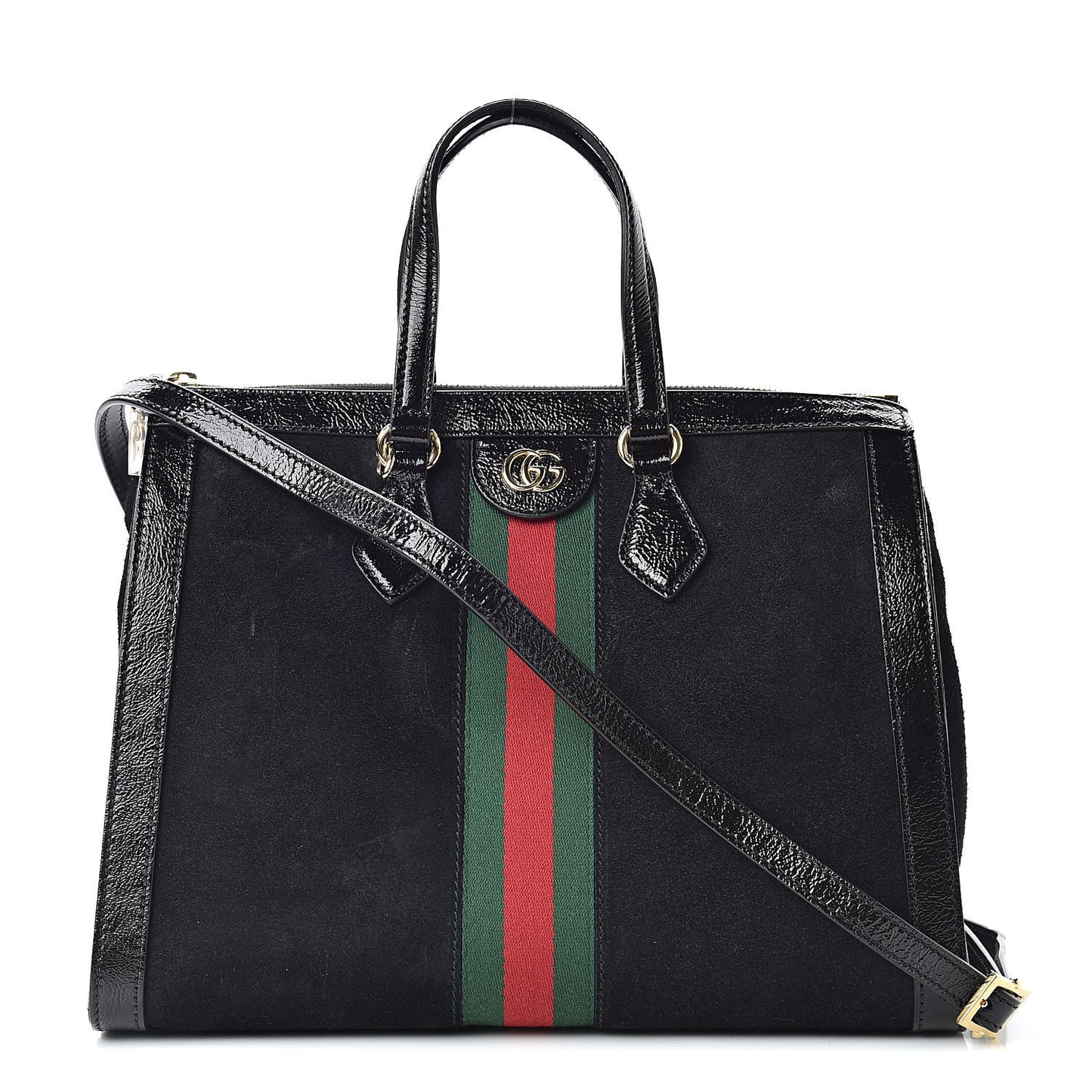 Suede Patent GG Web Medium Ophidia Tote Bag Black