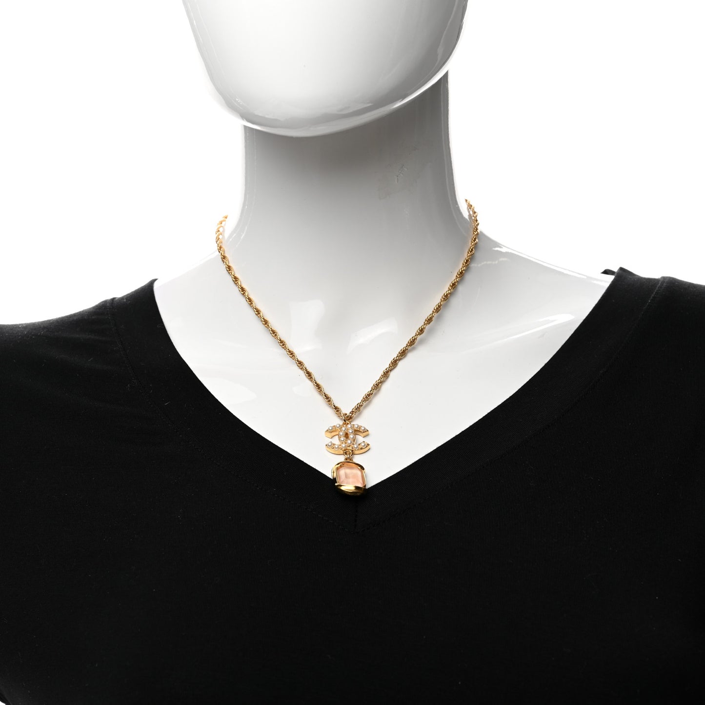 Pearl Crystal CC Pendant Necklace Gold Pink Pearly White