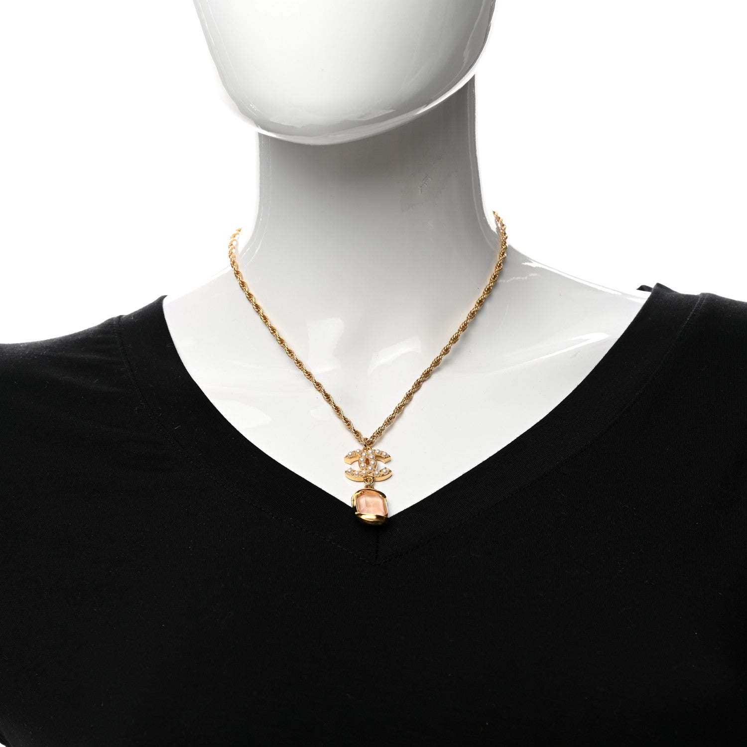 Chanel Pearl Crystal CC Pendant Necklace Gold Pink Pearly White 2 of 5