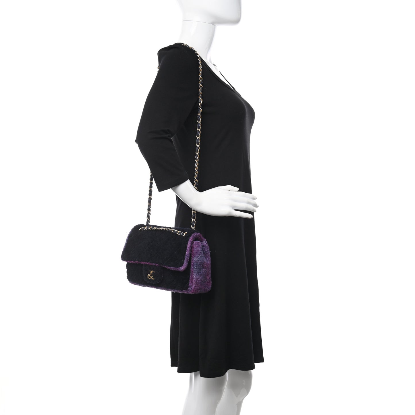 Shearling Sheepskin Tweed Quilted Single Flap Navy Purple