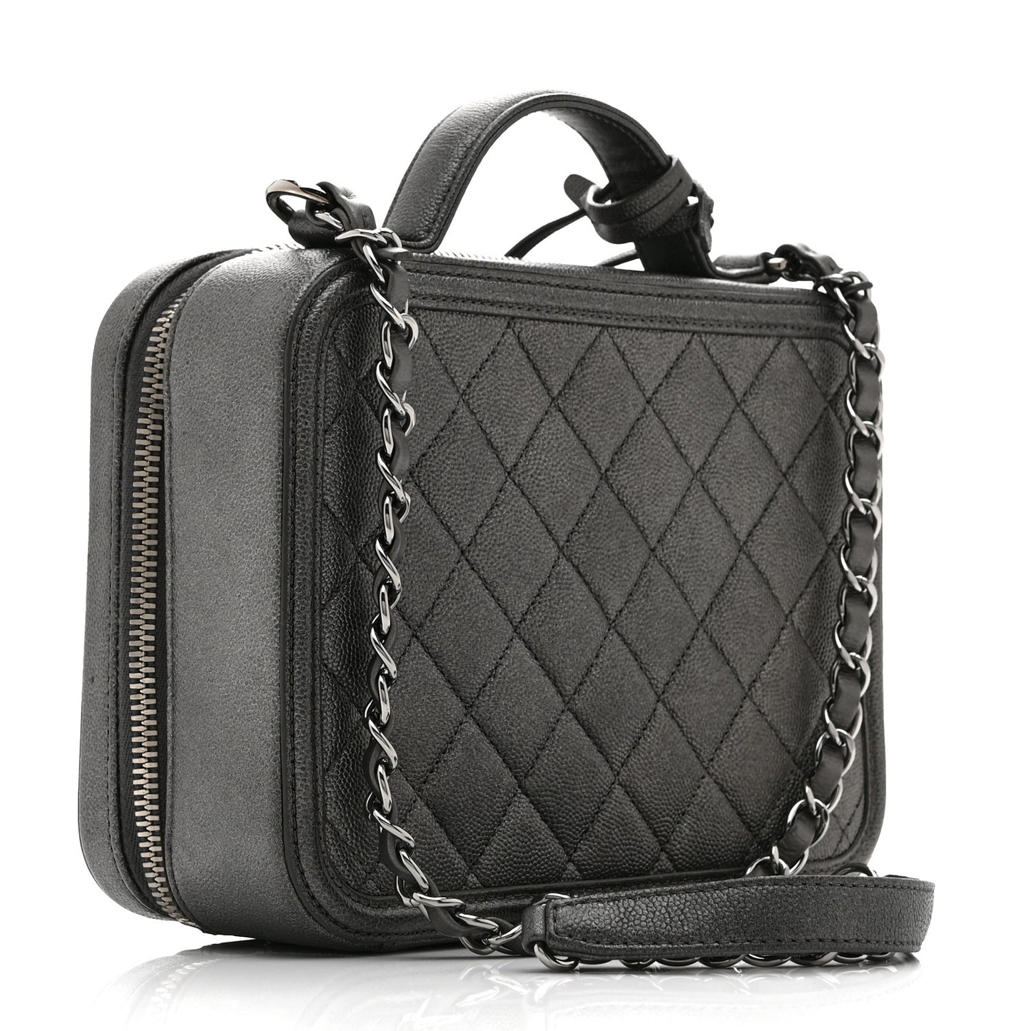 Metallic Caviar Quilted Medium CC Filigree Vanity Case Dark Silver