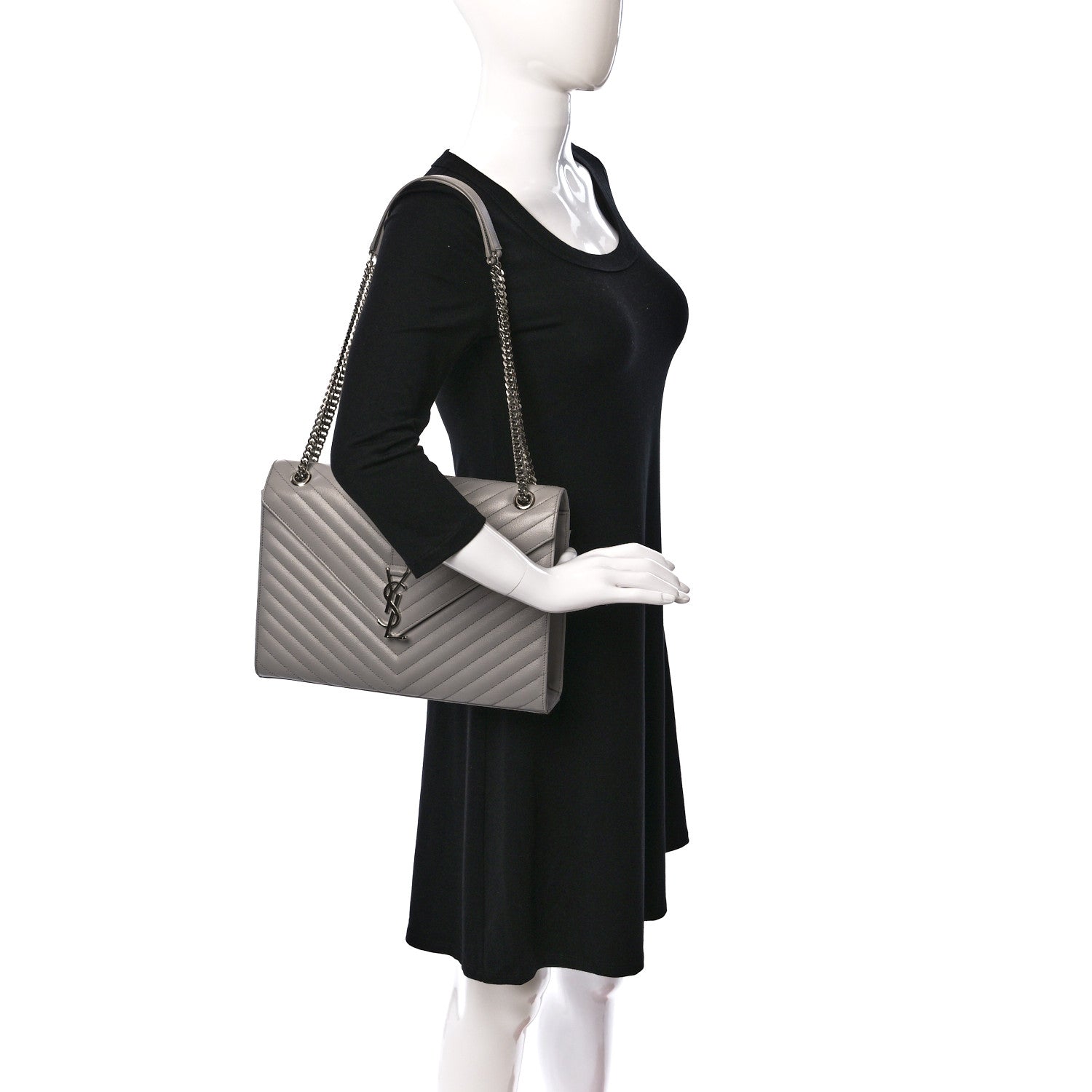 Saint Laurent Grain De Poudre Matelasse Chevron Large Monogram Satchel Light Grey 2 of 8