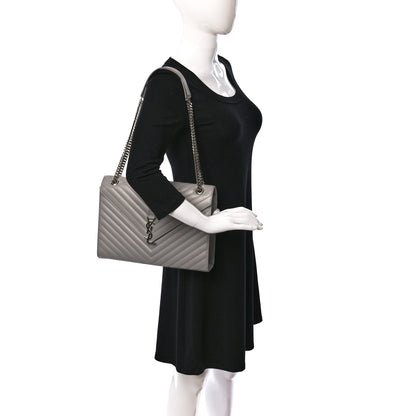 Saint Laurent Grain De Poudre Matelasse Chevron Large Monogram Satchel Light Grey 2 of 8
