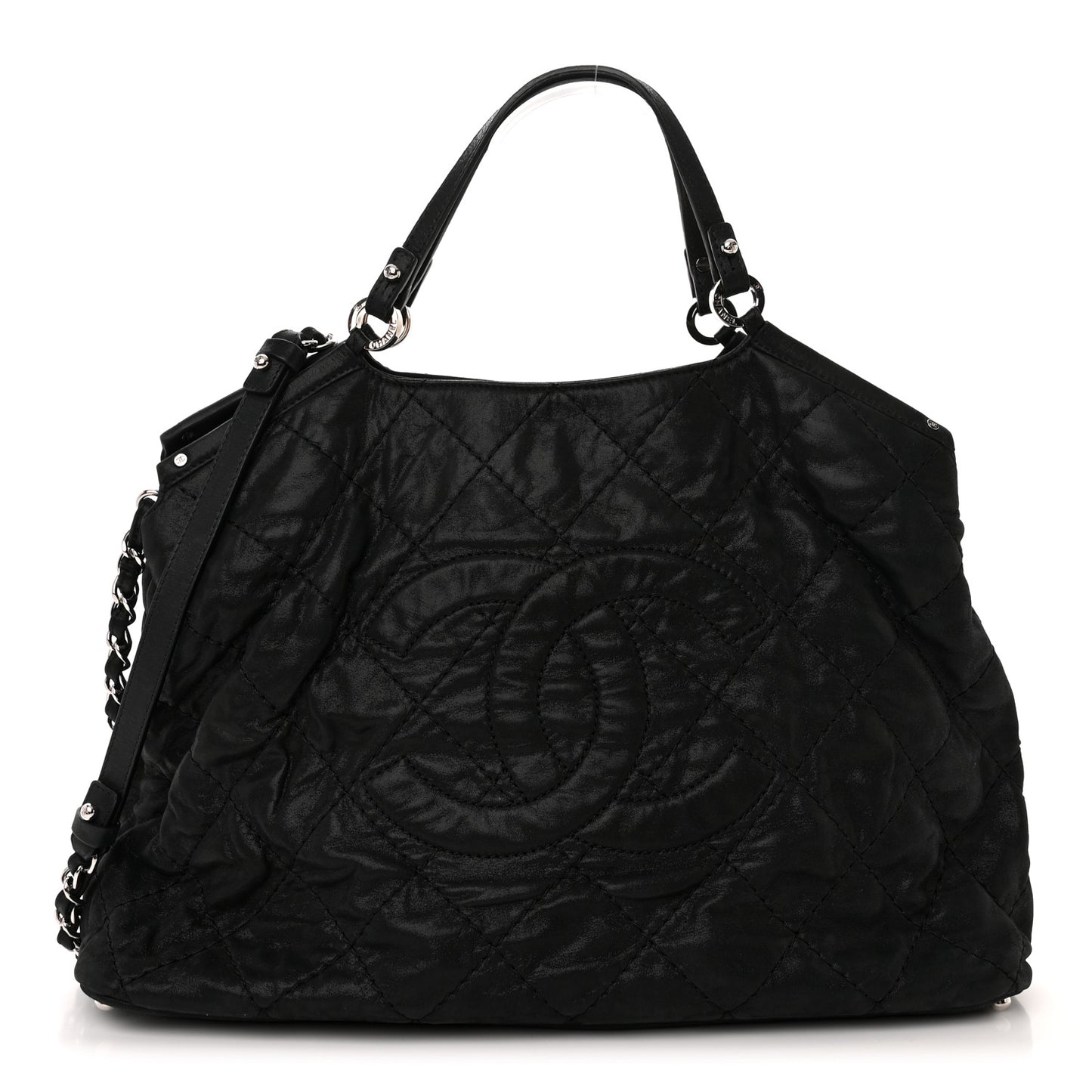 Iridescent Calfskin Stitched CC Shopping Tote Black