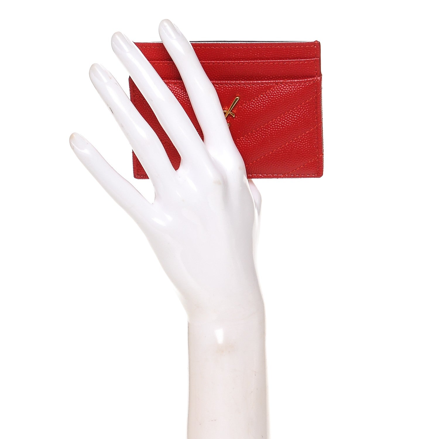 Saint Laurent Grain De Poudre Matelasse Chevron Monogram Credit Card Case New Red 2 of 6