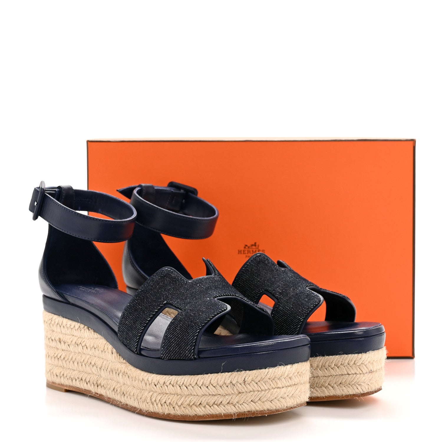 Hermes H Denim Goatskin Elda Espadrille Wedge Sandals 39 Bleu Brut
