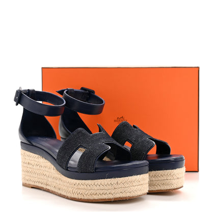 Hermes H Denim Goatskin Elda Espadrille Wedge Sandals 39 Bleu Brut Bleu Obscur 12 of 12